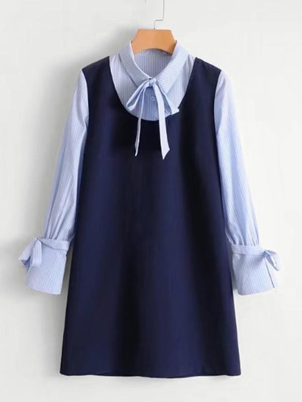Romwe 2 In 1 Tie Neck Striped Dress