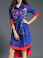 Romwe Blue Collar Drawstring Print High Low Dress
