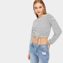 Romwe Drawstring Hem Striped Crop Tee
