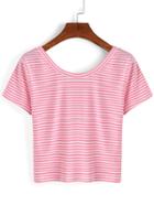 Romwe Thin Striped Crop T-shirt - Pink