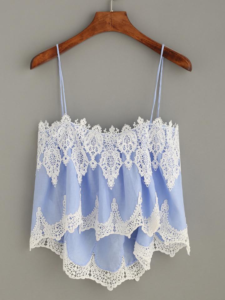 Romwe Blue Crochet Trim High Low Cami Top