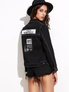Romwe Black Letter Print Back Denim Jacket With Stitch Detail