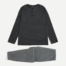 Romwe Guys Striped Half Placket Top & Pants Pj Set