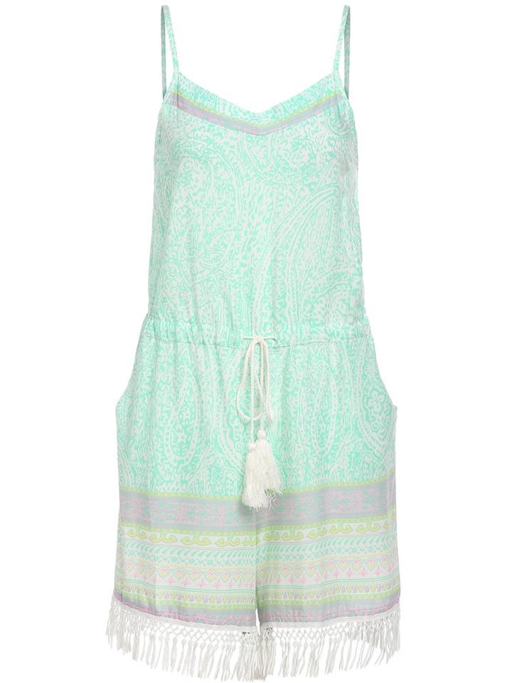 Romwe Spaghetti Strap Print Green Romper With Drawstring