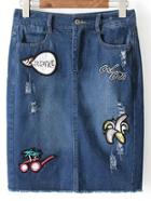 Romwe Blue Embroidery Splite Back Fringe Zipper Skirt