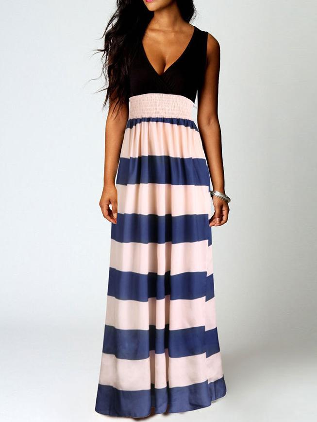 Romwe Deep V Neck Striped Chiffon Beach Maxi Dress