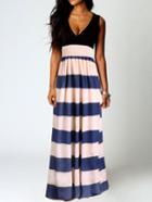 Romwe Deep V Neck Striped Chiffon Beach Maxi Dress