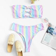 Romwe Plus Striped Knot Front Bikini Set