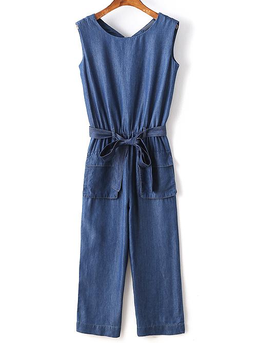 Romwe Blue Sleeveless Bow Tie Denim Jumpsuit