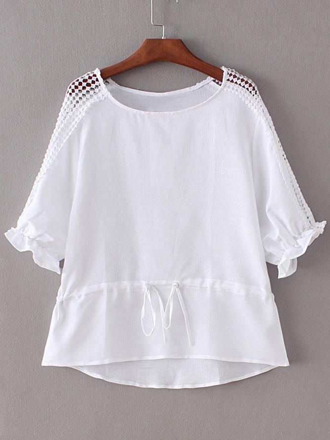 Romwe White Tie-waist Bow Hollow Splicing Blouse