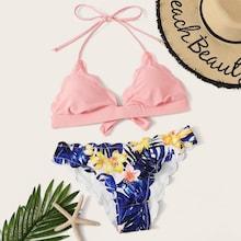 Romwe Random Tropical Print Scalloped Trim Bikini Set