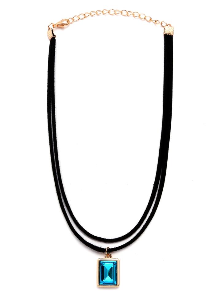 Romwe Blue Square Faux Gem Pendant Layered Choker