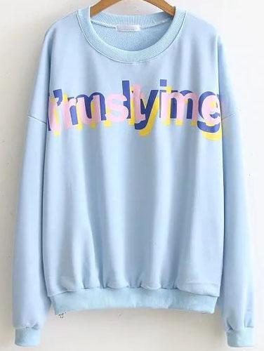 Romwe Blue Letter Print Sweatshirt With Side Zipper