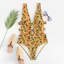 Romwe Floral Ladder Cut-out One Piece Swimwear