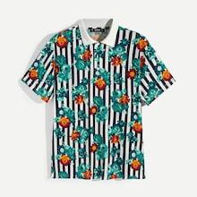 Romwe Guys Botanical And Striped Polo Shirt