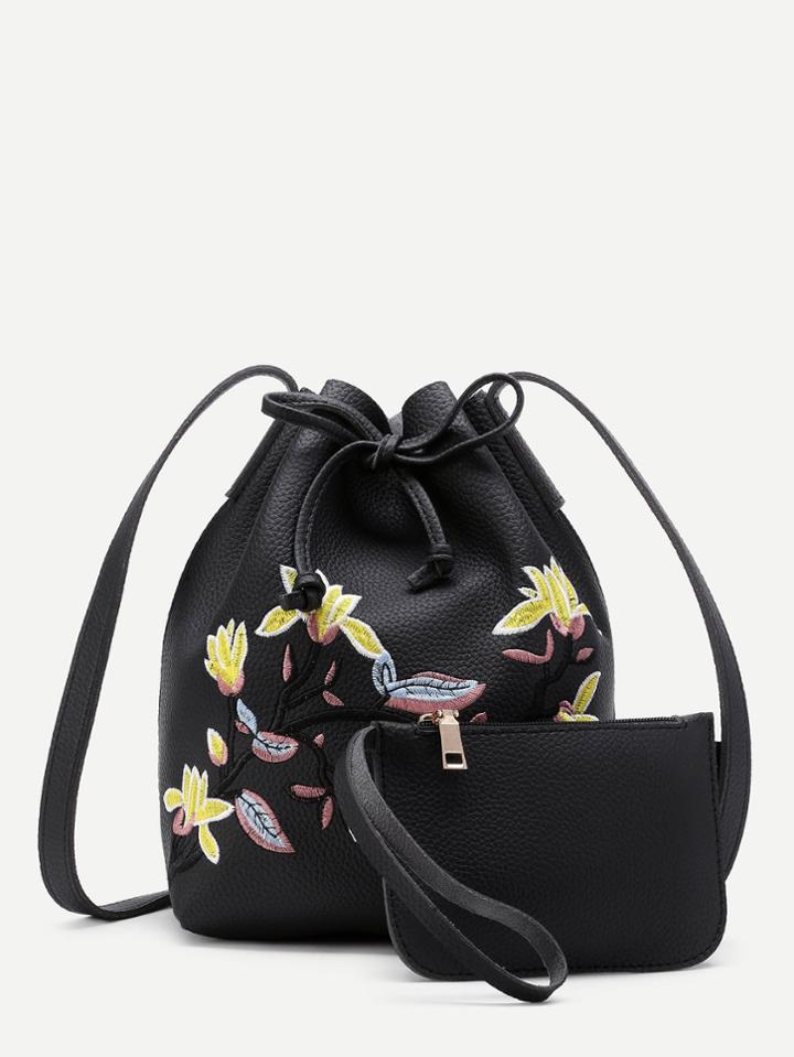 Romwe Flower Embroidery Drawstring Bucket Bag With Clutch