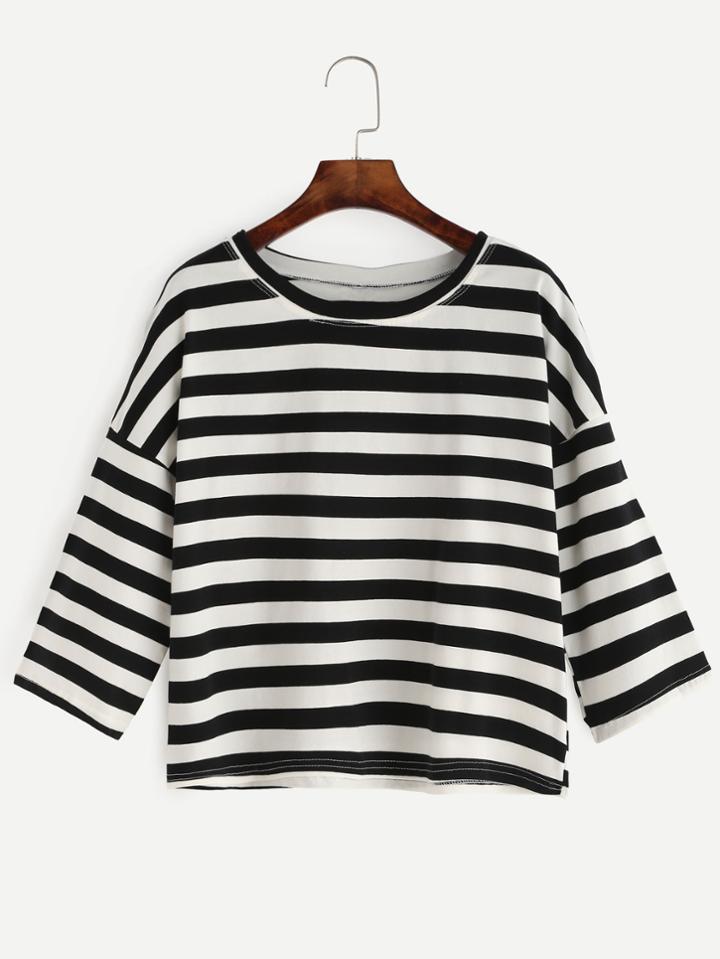 Romwe Black White Striped Dropped Shoulder Seam T-shirt