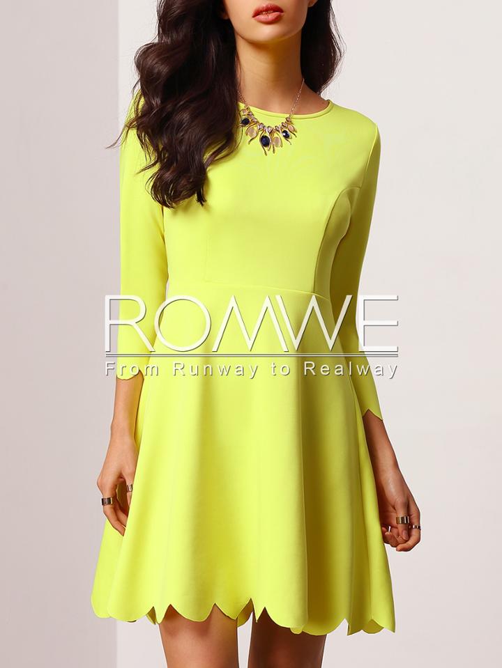 Romwe Yellow Crew Neck Scalloped A Line Dress