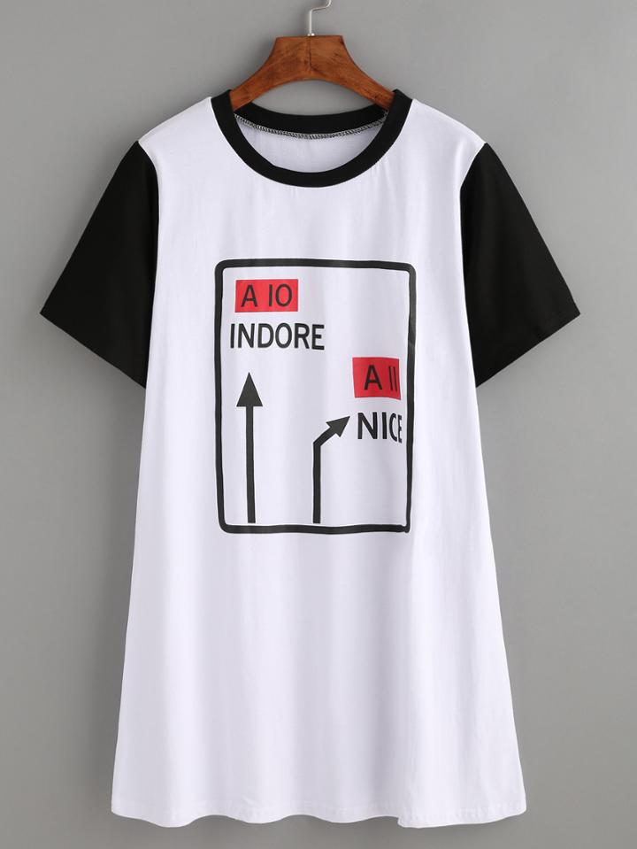 Romwe Black Graphic Print Contrast Sleeve Tee Dress
