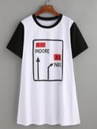 Romwe Black Graphic Print Contrast Sleeve Tee Dress