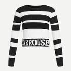 Romwe Striped Letter Embroidery Sweater