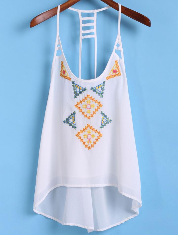 Romwe Spaghetti Strap Dip Hem Embroidered Cami Top
