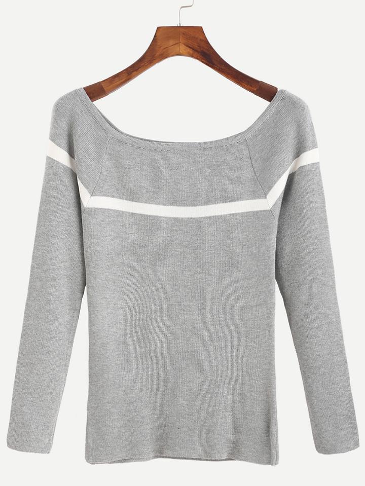 Romwe Grey Striped Raglan Sleeve Knitwear
