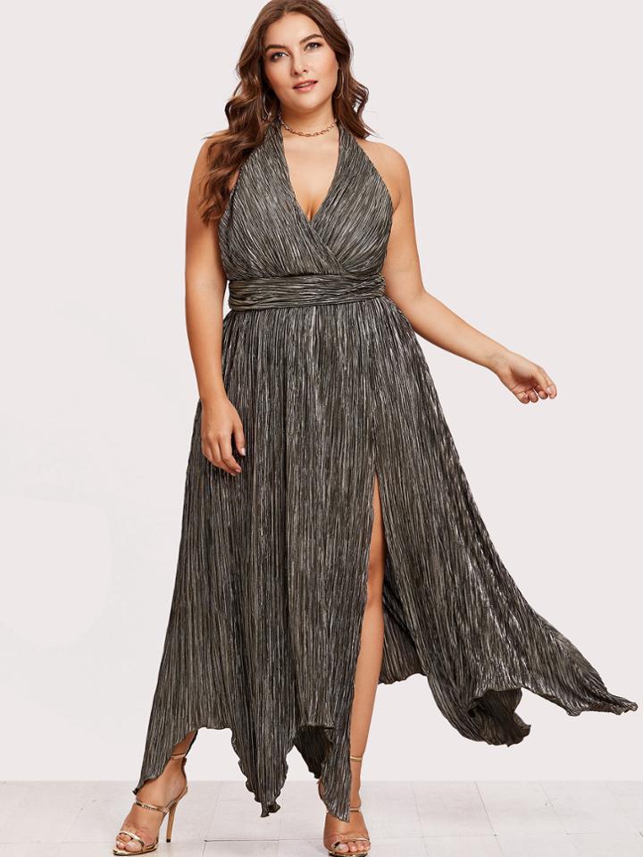 Romwe High Slit Hanky Hem Metallic Halter Dress
