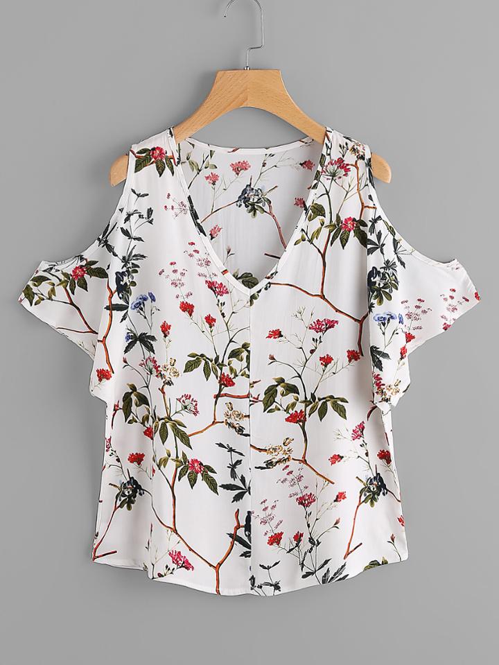 Romwe Random Florals Open Shoulder Blouse