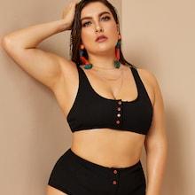Romwe Plus Button Front High Waist Bikini Set