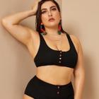 Romwe Plus Button Front High Waist Bikini Set