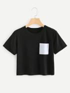 Romwe Contrast Chest Pocket Crop Tee