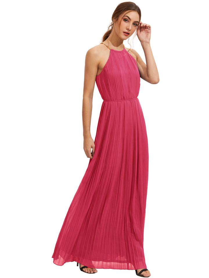 Romwe Hot Pink Sleeveless Halterneck Pleated Infinity Maxi Dress
