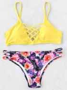Romwe Yellow Floral Print Criss Cross Mix & Match Bikini Set