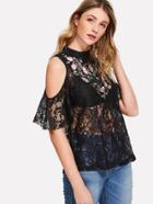 Romwe Flower Embroidered Open Shoulder Lace Top