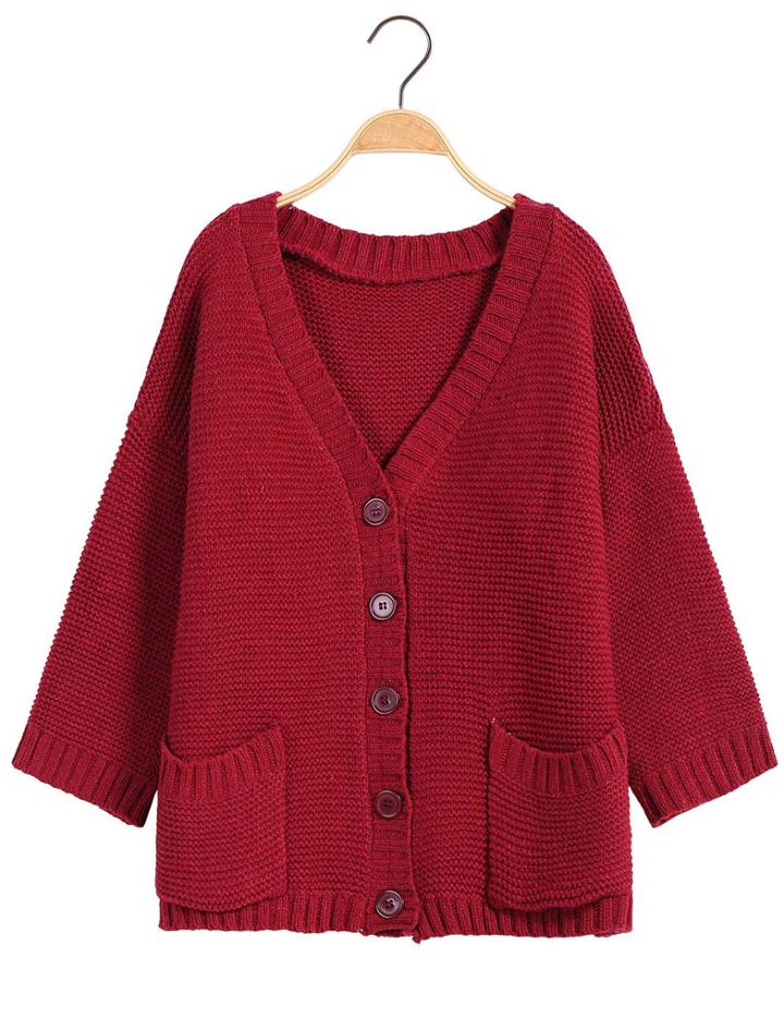 Romwe V Neck Pockets Knit Wine Red Cardigan