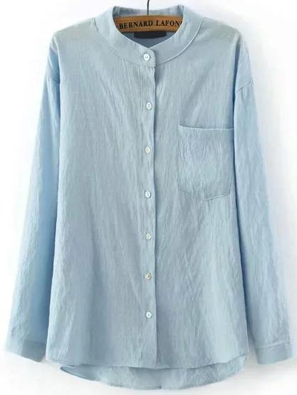 Romwe Dip Hem Pocket Blue Blouse
