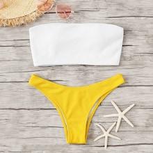 Romwe Two Tone Ribbed Bandeau With High Cut Bikini