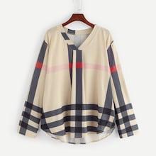 Romwe Plus Curved Hem Plaid Blouse