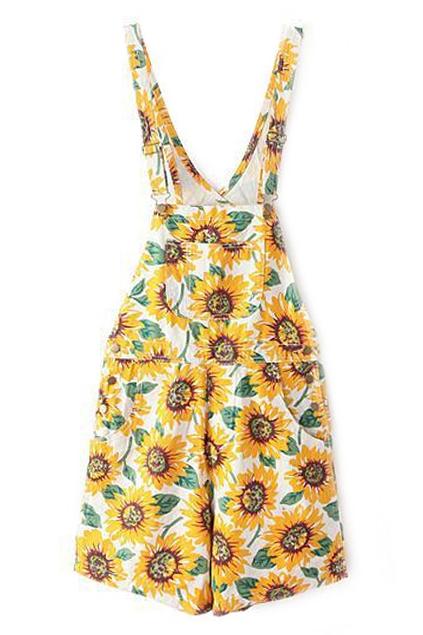 Romwe Romwe Sunflowers Print Self-tie Buckle Playsuit