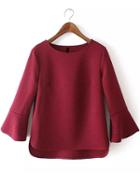 Romwe Bell Sleeve High Low Wine Red T-shirt