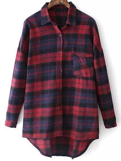 Romwe Dip Hem Dropped Shoulder Seam Plaid Blouse