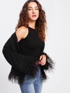 Romwe Feather Trim Drop Shoulder Glitter Coat