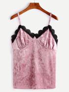 Romwe Pink Velvet Contrast Lace Trim Cami Top