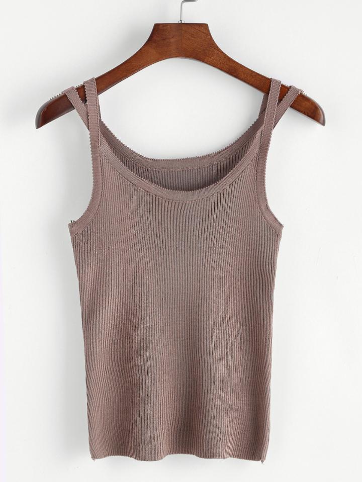 Romwe Khaki Double Straps Rib Knit Cami Top
