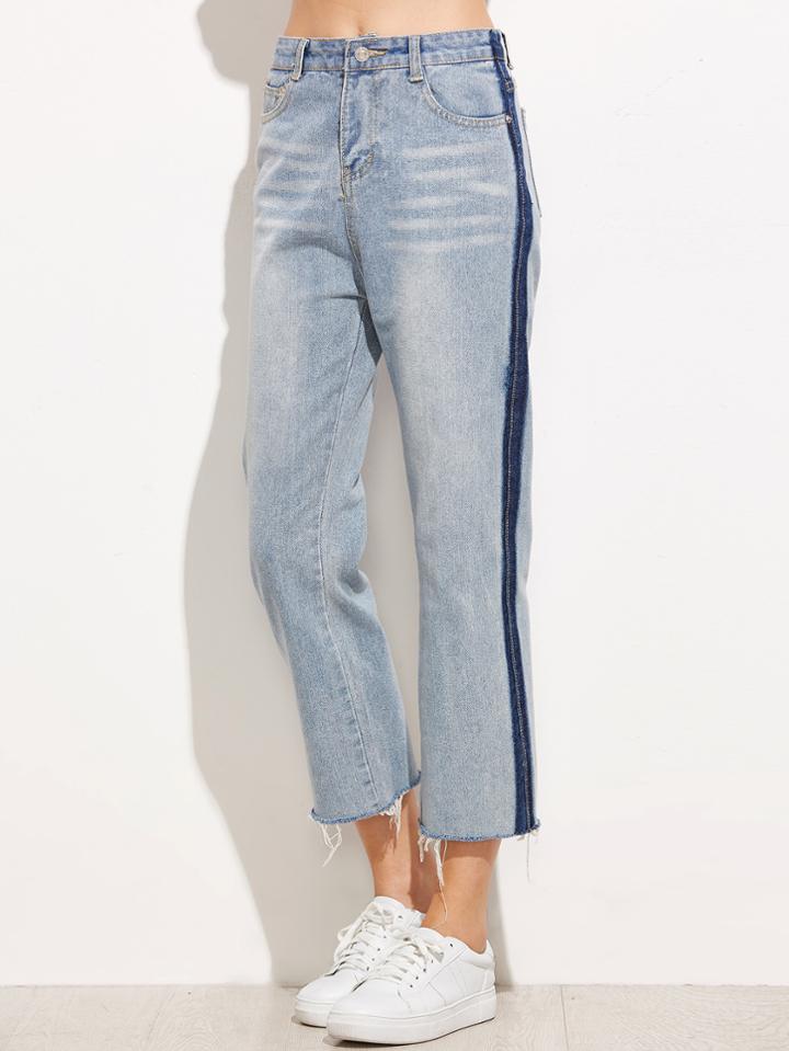 Romwe Pale Blue Fringe Denim Pants
