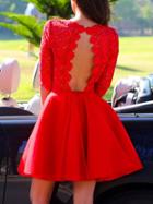 Romwe Red Half Sleeve Backless Scallop With Lace Flare Dress