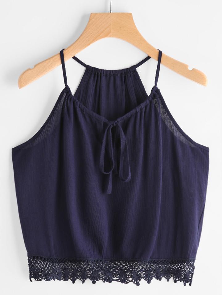 Romwe Self Tie Front Lace Hem Cami Top