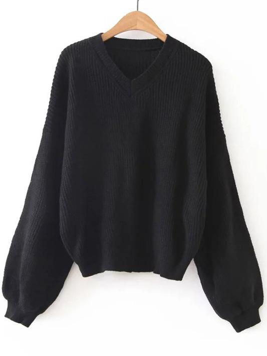 Romwe Black V Neck Lantern Sleeve Sweater