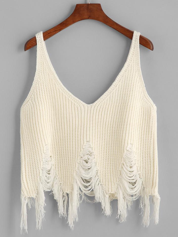 Romwe Beige Ripped Fringe Hem Knit Cami Top